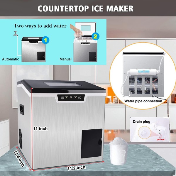 Yaheeda 2 in 1 Ice Maker & Shaver Machine, 44lbs/24H,18 Ice Cubes in 11 Mins, Automatic/Manual Water Filling with Water Filter, Basket and Scoop, Stainless Steel, ETL Listed